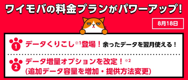 ワイモバイルで2021年8月18日より余ったデータを翌月に繰り越し可能に変更された_公式ページの表記