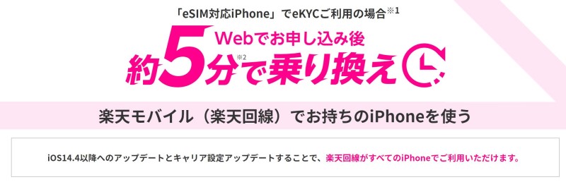 楽天モバイルのeSIMはeSIM対応のiPhoneなら最新iOSにアップデートすれば全モデル利用可能と記載されている