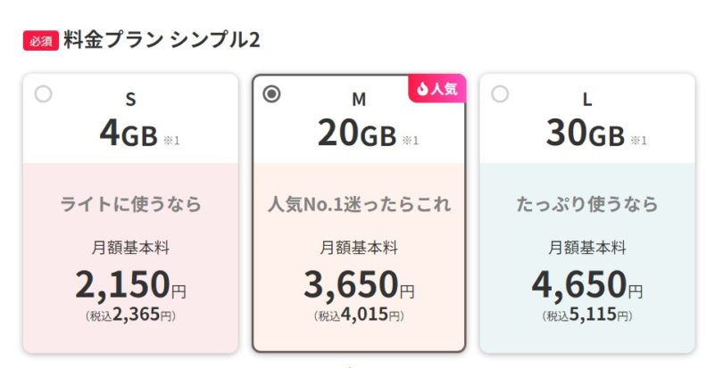 ワイモバイル申込時には特典がアップする「シンプル2M」か「シンプル2L」のプランで申し込むのがお勧め